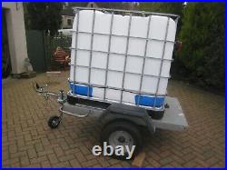 Erde 142 flatbed trailer, 1000 litre IBC tank, Jockey wheel. Road lights