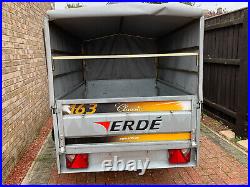 Erde 163 Car Trailer. 1.5m x 1.1m load area. Full Cover, Manual tipper