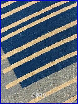 Modern Striped Rug Handwoven Beige Blue Wool Carpet Rug 132 x 172 cm