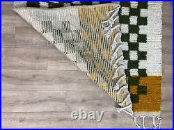 Moroccan Handmade Wool Green & Orange Checkered Beni Ouarain Aesthetic Rug 4x6ft