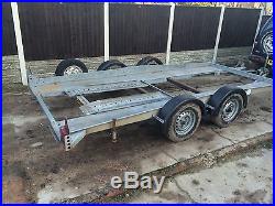 PRG twin wheel car transporter trailer, totally unmarked condition, ready to go