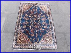 Vintage Hand Made Traditional Oriental Wool Blue Small Rug 134x98cm