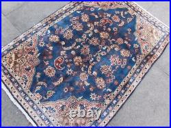 Vintage Hand Made Traditional Oriental Wool Blue Small Rug 134x98cm