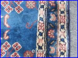 Vintage Hand Made Traditional Oriental Wool Blue Small Rug 134x98cm