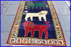 Vintage Traditional Hand Made Oriental Gabbe Wool Blue Rug 193x123 Animal Lion