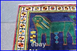 Vintage Traditional Hand Made Oriental Gabbe Wool Blue Rug 193x123 Animal Lion