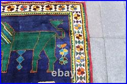 Vintage Traditional Hand Made Oriental Gabbe Wool Blue Rug 193x123 Animal Lion