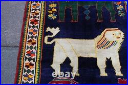 Vintage Traditional Hand Made Oriental Gabbe Wool Blue Rug 193x123 Animal Lion