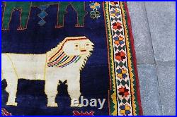 Vintage Traditional Hand Made Oriental Gabbe Wool Blue Rug 193x123 Animal Lion