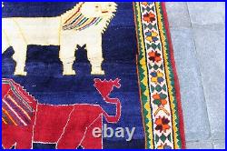 Vintage Traditional Hand Made Oriental Gabbe Wool Blue Rug 193x123 Animal Lion