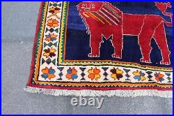 Vintage Traditional Hand Made Oriental Gabbe Wool Blue Rug 193x123 Animal Lion