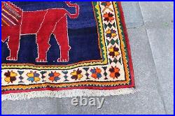 Vintage Traditional Hand Made Oriental Gabbe Wool Blue Rug 193x123 Animal Lion