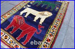 Vintage Traditional Hand Made Oriental Gabbe Wool Blue Rug 193x123 Animal Lion