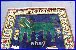 Vintage Traditional Hand Made Oriental Gabbe Wool Blue Rug 193x123 Animal Lion