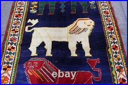 Vintage Traditional Hand Made Oriental Gabbe Wool Blue Rug 193x123 Animal Lion