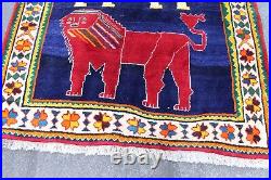 Vintage Traditional Hand Made Oriental Gabbe Wool Blue Rug 193x123 Animal Lion