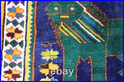 Vintage Traditional Hand Made Oriental Gabbe Wool Blue Rug 193x123 Animal Lion