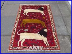 Vintage Traditional Hand Made Oriental Gabbe Wool Red Rug 142x103 Animal Lion