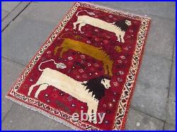 Vintage Traditional Hand Made Oriental Gabbe Wool Red Rug 142x103 Animal Lion