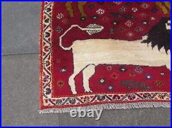 Vintage Traditional Hand Made Oriental Gabbe Wool Red Rug 142x103 Animal Lion