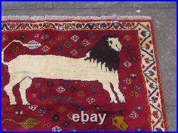 Vintage Traditional Hand Made Oriental Gabbe Wool Red Rug 142x103 Animal Lion