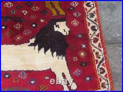 Vintage Traditional Hand Made Oriental Gabbe Wool Red Rug 142x103 Animal Lion