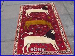 Vintage Traditional Hand Made Oriental Gabbe Wool Red Rug 142x103 Animal Lion