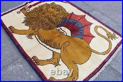 Vintage Traditional Hand Made Oriental Gabbe Wool White Rug 138x102 Animal Lion