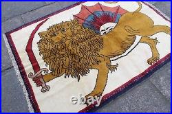 Vintage Traditional Hand Made Oriental Gabbe Wool White Rug 138x102 Animal Lion